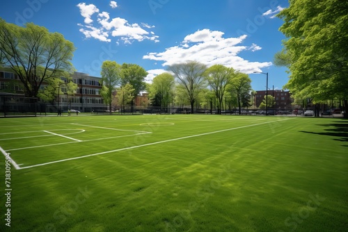 Soccer goal on synthetic football field with green turf for sports and athletics
