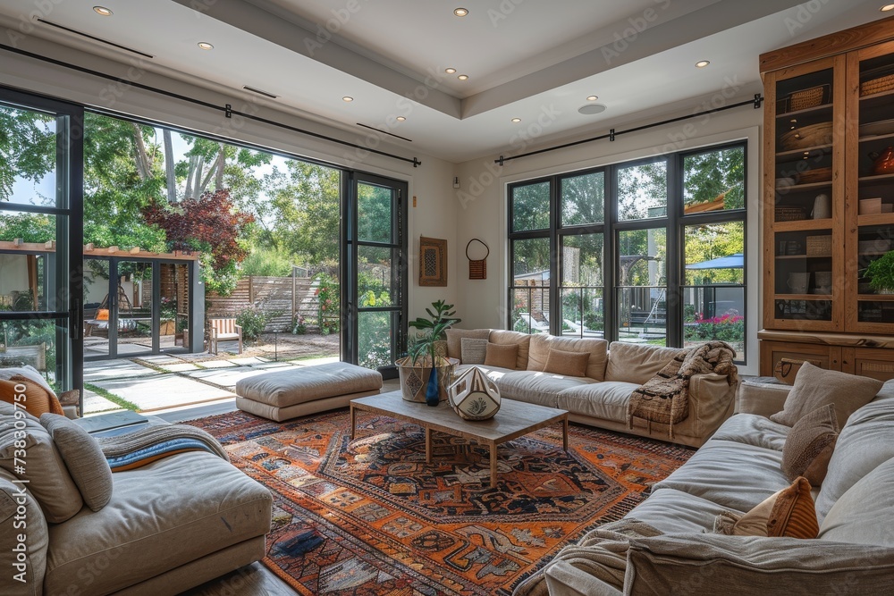 A modern penthouse living room with floor-to-ceiling windows, plush ...