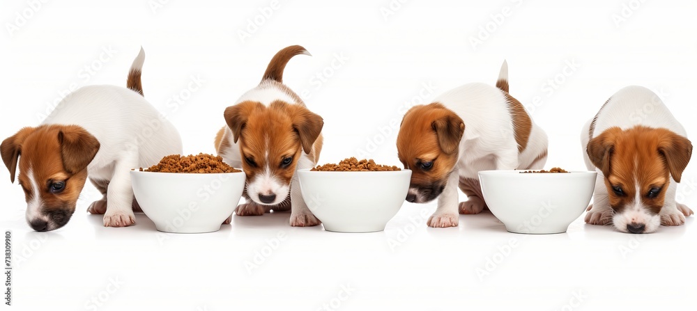 Adorable puppies eagerly waiting for a meal, domestic pets nutrition background with copy space
