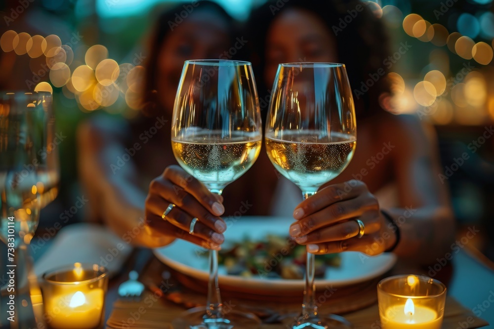 An intimate evening captured in a single frame, as two people toast with elegant stemware and indulge in fine wine by candlelight at a beautifully set table - obrazy, fototapety, plakaty 