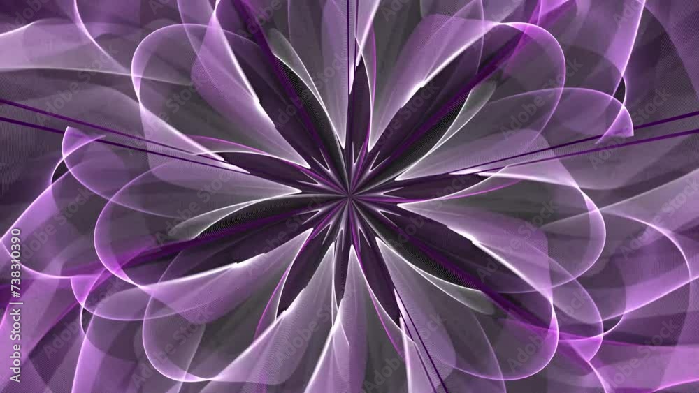 A luminous translucent kaleidoscope of purple and white tones. Stylized as a wedding decoration. Flower. Animated background and club video. Meditation video. Endless cycle. A loop
