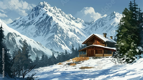 Beautiful painting of cabin nestled in mountains. Perfect for adding touch of tranquility to any space © Oleg