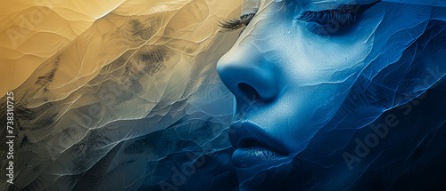 Capture the enigmatic visage of a woman amidst abstract blue and yellow textures. Ultra-wide gradient premium backdrop ideal for diverse creative projects. Exclusive vintage style photo