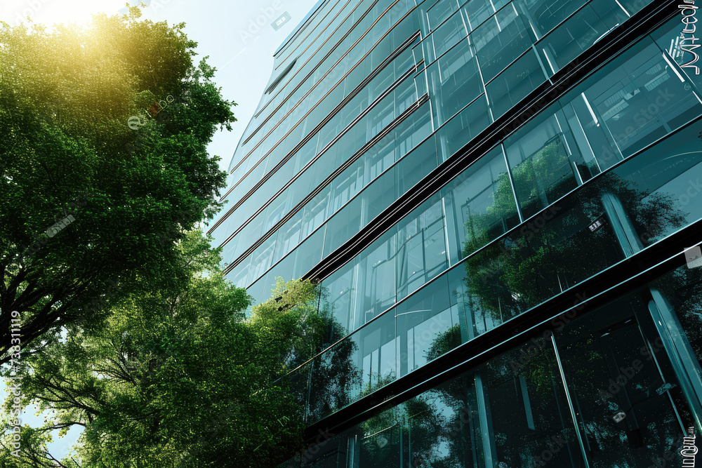 Tall glass building with trees in front of it. Perfect for architectural concepts or environmental themes Tall glass building with trees in front of it. Perfect for architectural concepts or environmental themes