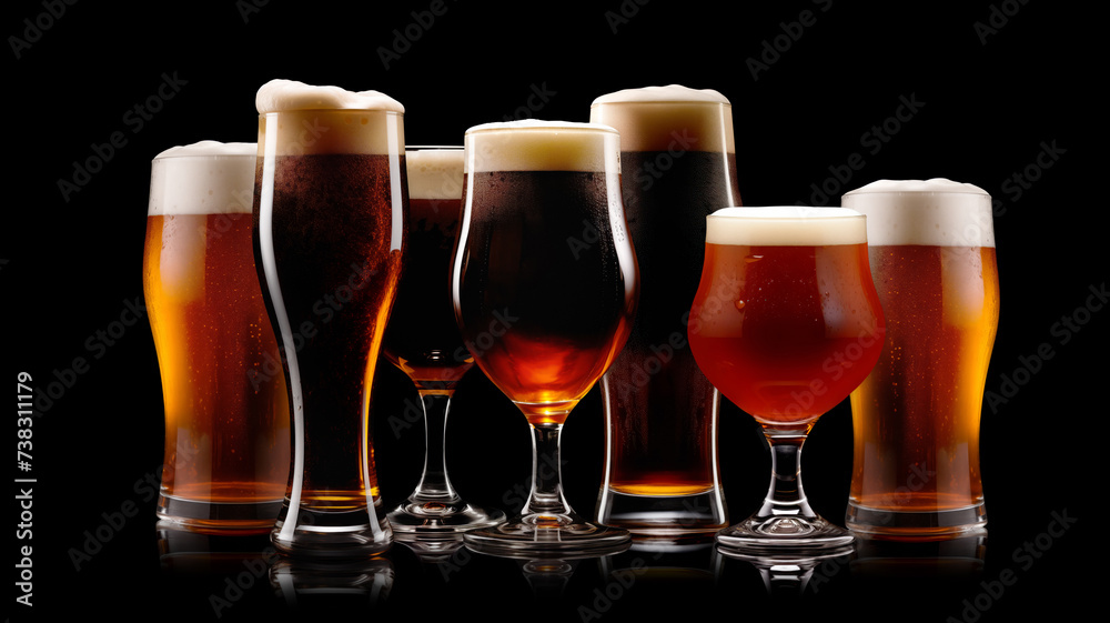 Set of Beer glasses on a black background. Mugs with drink like Ipa, Pale Ale, Pilsner, Porter or Stout Set of Beer glasses on a black background. Mugs with drink like Ipa, Pale Ale, Pilsner, Porter or Stout