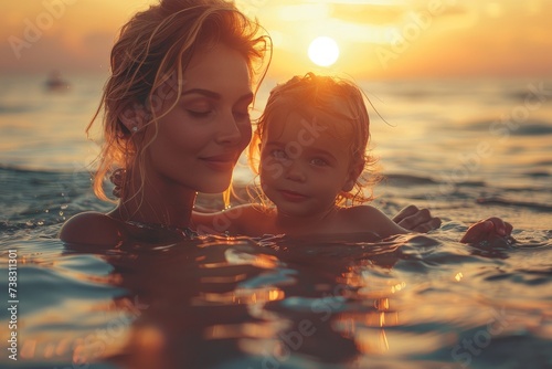 As the sun sets, a young girl and her mother bathe in the tranquil waters, their faces reflecting pure joy and love amidst the peaceful beach setting