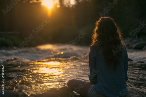 A young woman beside a gently flowing river, praying as the sun sets, symbolizing life's flow and the search for inner peace.