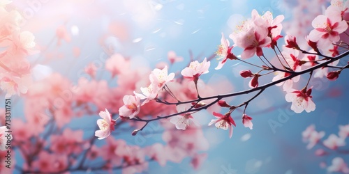 abstract blooming pink cherry branch on a light background. Generative AI