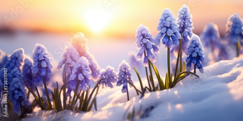 Muscari in early spring in the snow. Clearing in the forest. First spring flower. Generative AI