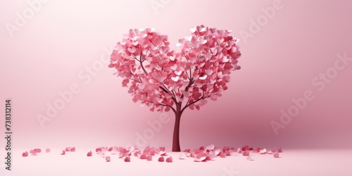 Heart shaped tree with many small hearts on a pink background