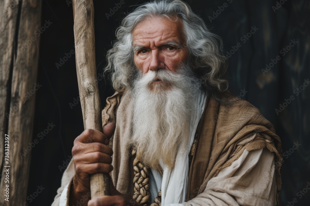 An elderly man with a long beard, wearing traditional robes, holding a wooden staff, embodying the wisdom and authority of a biblical patriarch.