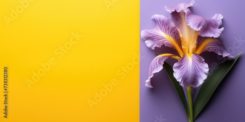 Purple iris flower on a yellow background, space for text, top view