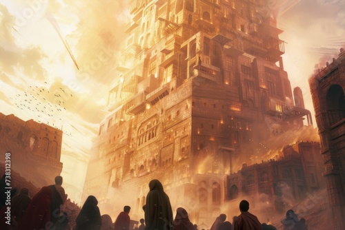 An atmospheric depiction of the Tower of Babel with people speaking different languages, showcasing the diversity of humanity and the origin of cultures. photo