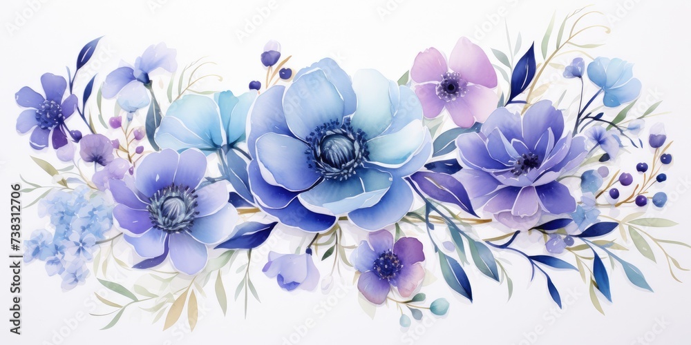 Close up of blue flowers, drawing flowers with paints. Generative AI