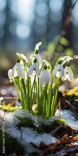 Spring shot of snowdrops in the forest, flowers under the snow in the rays of the sun. Generative AI
