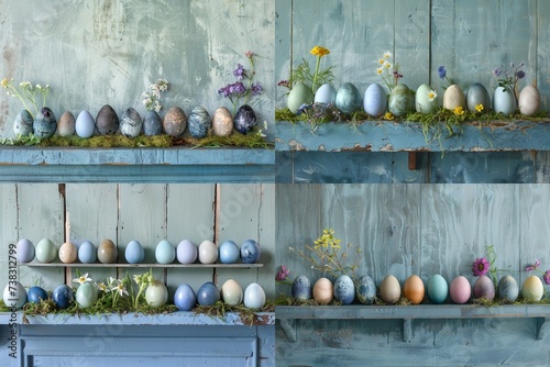 : A collection of hand-dyed Easter eggs, ranging from deep indigo to sky blue, arranged in a neat row on a distressed blue wooden shelf