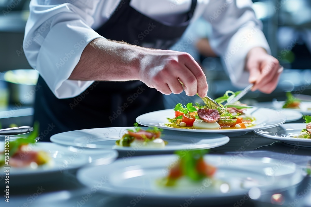 Chef plating a gourmet dish in a high-end restaurant kitchen, showcasing culinary art and creativity with a focus on presentation. Chef plating a gourmet dish in a high-end restaurant kitchen, showcasing culinary art and creativity with a focus on presentation.