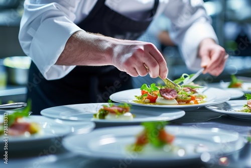 Chef plating a gourmet dish in a high-end restaurant kitchen, showcasing culinary art and creativity with a focus on presentation.