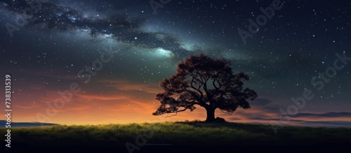 Oak Tree At night there is a beautiful blue and green starry sky