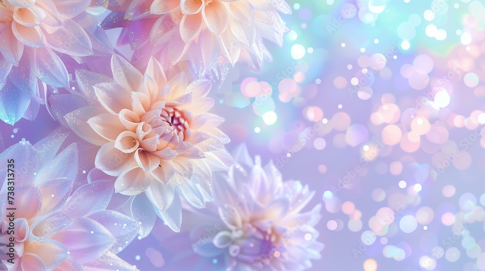 Obraz premium holographic glitter dahlias pattern on a pastel purple background