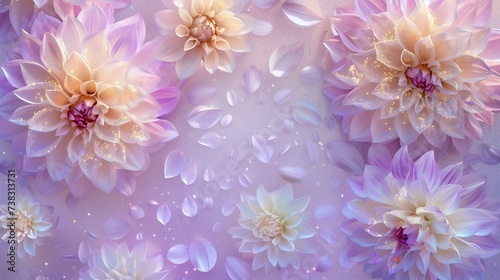 holographic glitter dahlias pattern on a pastel purple background © World of AI
