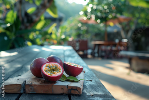 Passion fruit lies on a wooden board. photo