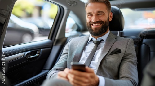 Professional young businessman texting client in luxury car, effective communication in comfort. © Ilja