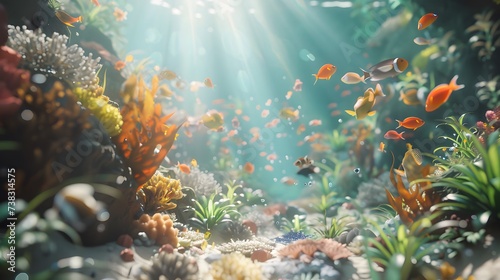 Render a hyper-realistic underwater scene teeming with colorful coral reefs  exotic fish  and shafts of sunlight filtering down from the surface.