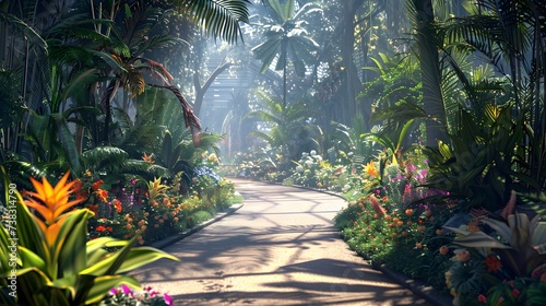 Render a lush botanical garden with exotic flowers, meandering pathways, and visitors admiring the beauty of nature.