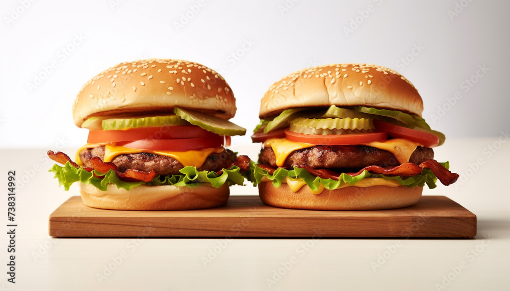 Grilled beef burger with cheese, tomato, and onion on bun generated by AI Grilled beef burger with cheese, tomato, and onion on bun generated by AI