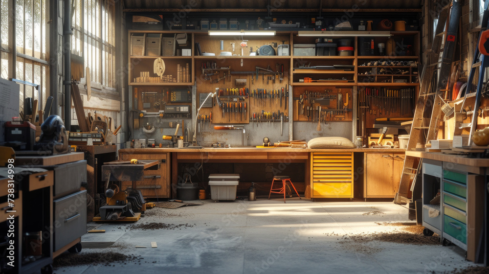 A neatly organized workshop with a carpenter's bench, woodworking tools, and sawdust on the floor