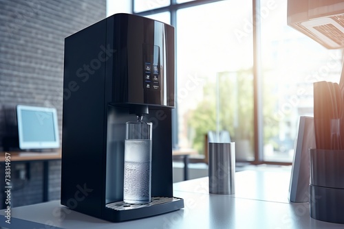 Office black water cooler in a bright, spacious work area. Concept of workplace hydration, modern office, water dispenser, employee wellness. Copy space photo