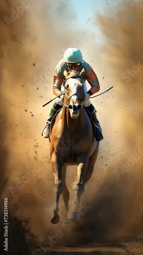 Jockey on racing horse in dynamic motion, dust background. Concept of horse racing, speed, competition, and equestrian sports. Vertical format photo