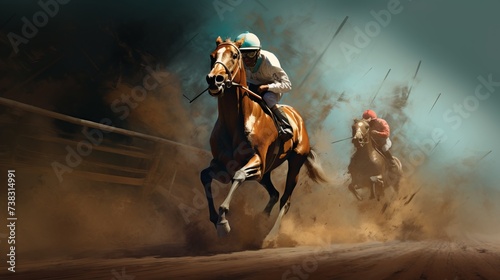 Racing horse and jockey in mid-race with a dramatic dust cloud. Concept of animal speed, competitive riding, horse racing, and sporting event. © Jafree