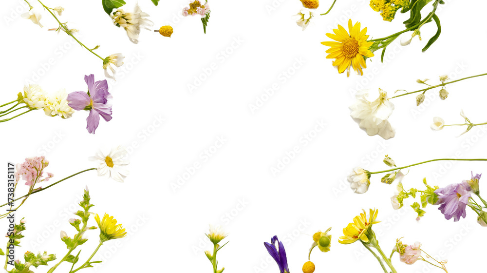 Simple wild field flowers arranged in a circle, with empty blank space in the middle.