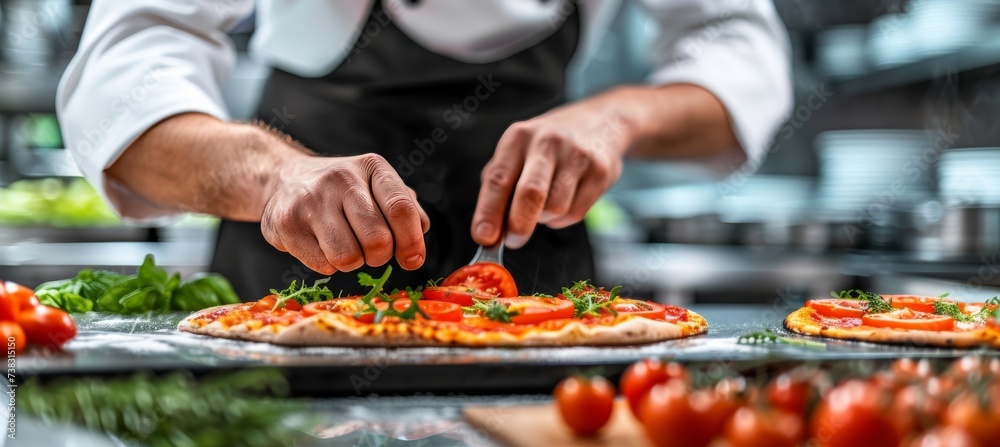 Chef cooking pizza in contemporary restaurant kitchen, adding ingredients with space for text