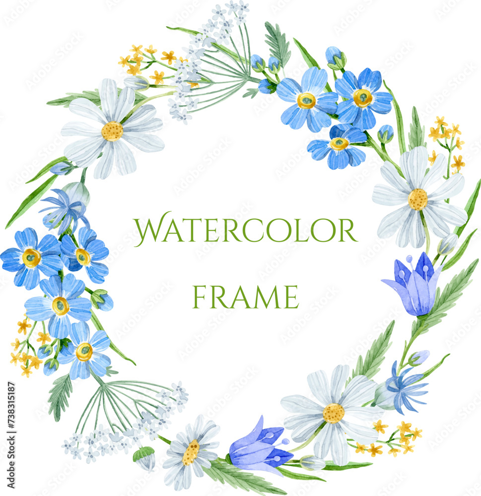 Fototapeta premium Watercolor wreath with wildflowers, chamomile, bluebell, forget-me-not, cornflower and grass