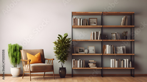 A modern multipurpose storage rack in a minimalist bedroom, showcasing books, plants, and decorative objects, adding functionality without compromising style .