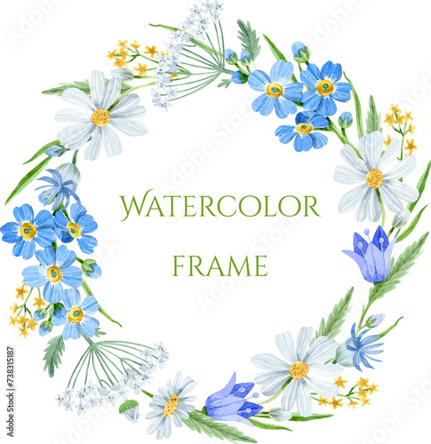 Watercolor wreath with wildflowers  chamomile  bluebell  forget-me-not  cornflower and grass