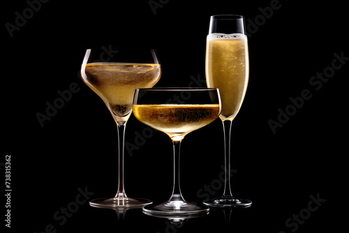 Set of crystal-clear flute glass of champagne isolated on black background