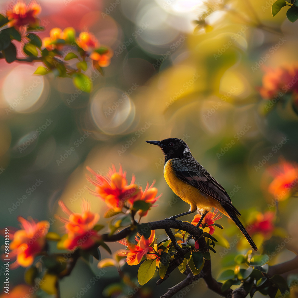 Vibrant Bird Perched on Blossoming Branch in Sunlit Garden Vibrant Bird Perched on Blossoming Branch in Sunlit Garden