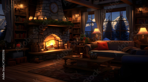 A cozy living room with a fireplace, where a happy family gathers around, sharing laughter and stories. 