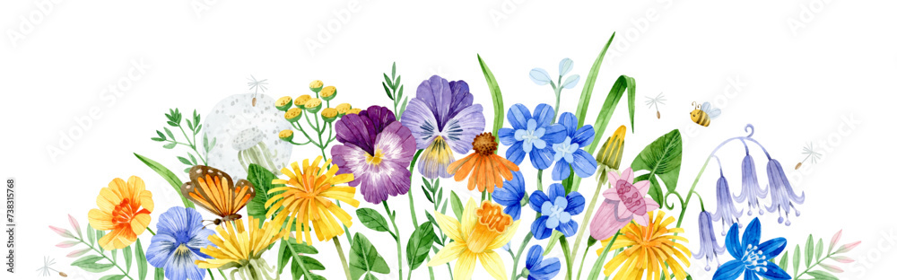 Watercolor wildflower banner with pansies, daffodils, bluebells, coneflowers, butterfly and bee Watercolor wildflower banner with pansies, daffodils, bluebells, coneflowers, butterfly and bee