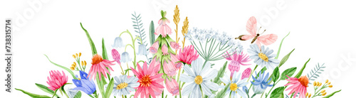 Watercolor wildflower banner with fox glove, chamomile, coneflower, lily of the valley, bluebell, clover and butterfly photo