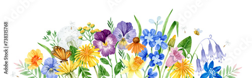 Watercolor wildflower banner with pansies, daffodils, bluebells, coneflowers, butterfly and bee #738315768
