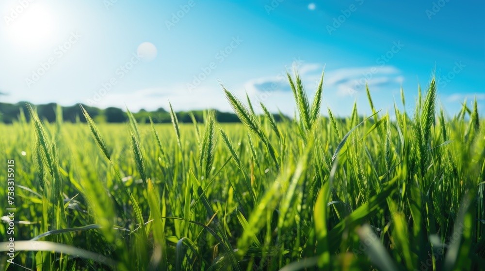 Scenic Close-up of Green Field Meadow with Growing Wheat Sprouts, Bathed in Sunlight Against a Blue Sky on a Sunny Scenic Close-up of Green Field Meadow with Growing Wheat Sprouts, Bathed in Sunlight Against a Blue Sky on a Sunny