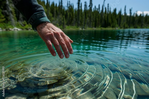 Close-up of a man's hand skimming over the surface of a crystal-clear lake, creating ripples that reflect the sunlight. photo