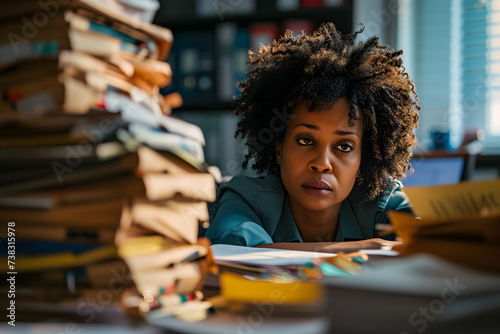 African American woman in an office, overwhelmed by a mountains of paperwork