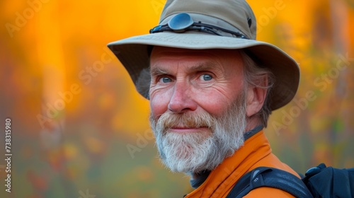 Happy senior man camping in beautiful natural landscape with copy space and natural lighting