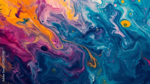 Abstract swirls of color intermingle in a vibrant liquid art pattern. © Mirador